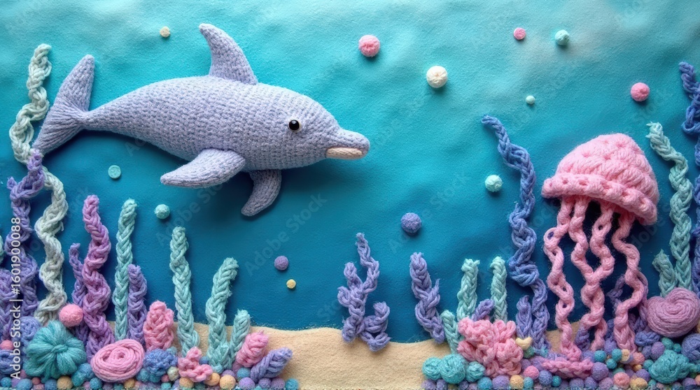 Fototapeta premium Colorful Handmade Crochet Underwater Scene with Shark and Jellyfish on Blue Background