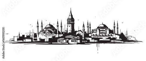 istanbul turkey cityscape tall building engraving sketch vector illustration