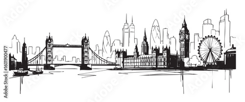 london cityscape tall building engraving sketch vector illustration