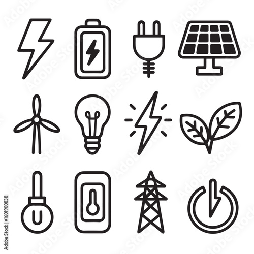 Modern energy and sustainability icons for clean power solutions and eco-friendly concepts