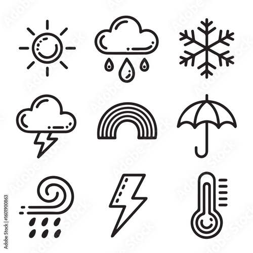 Modern weather icons set for forecast and climate apps, sunny, rainy, snow, storm