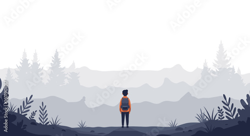Young person standing alone in misty forest landscape view  