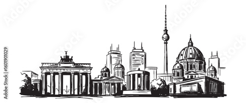 berlin germany cityscape tall building engraving sketch vector illustration