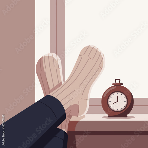 Cozy feet in striped socks resting by an alarm clock on a windowsill  