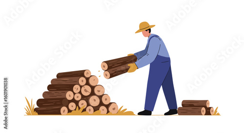 Man stacking firewood in overalls and straw hat outdoors  