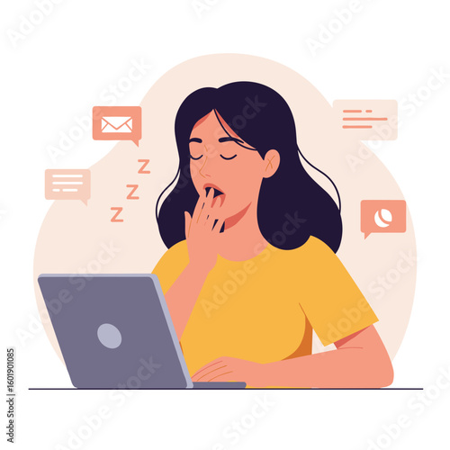 Tired woman yawning while working on laptop in home office setting  