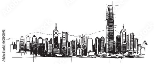 hong kong cityscape tall building engraving sketch vector illustration