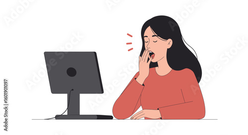 Young woman yawning while working on computer in home office  