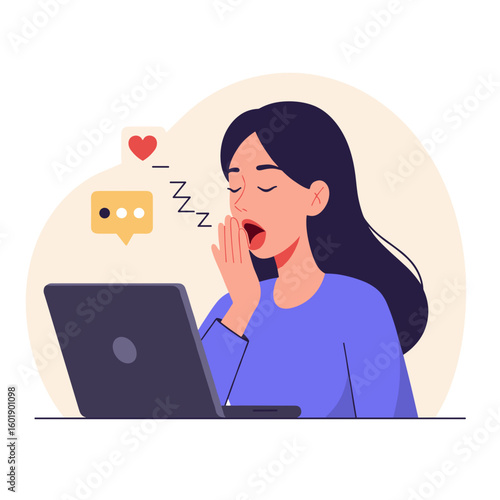 Young woman yawning while sitting at a laptop with chat bubbles  