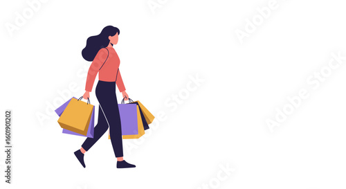 Woman walking with shopping bags in casual outfit on white background  