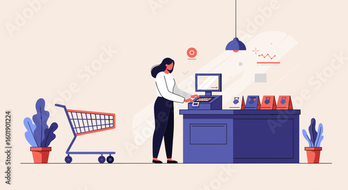 Woman using cash register at checkout counter in modern store  