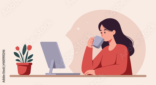Young woman drinking coffee while working on computer at home  