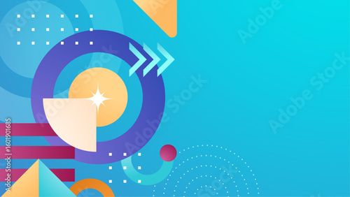 Abstract blue background with colorful geometric shapes suitable for presentations, web designs, flyers, and promotional materials in need of modern graphics.