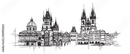prague czech cityscape tall building engraving sketch vector illustration