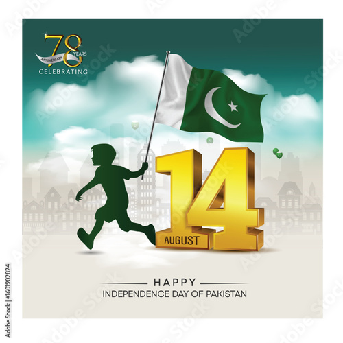 14 August happy independence day Pakistan. vector illustration of Pakistan boy running and holding flag in hand. poster, banner , template design