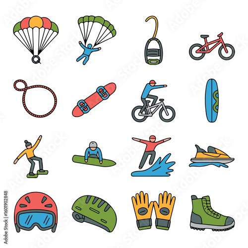 Dynamic adventure sports icons capture thrilling outdoor activities and extreme fun
