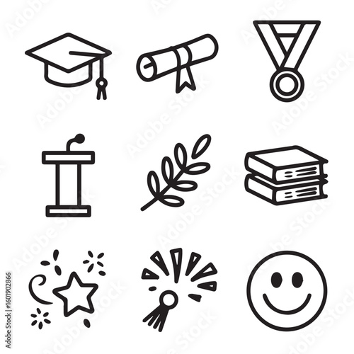 Celebrate achievements with graduation cap, diploma, and medal icons for success