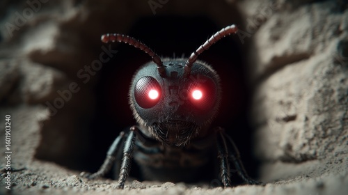 Fototapeta Naklejka Na Ścianę i Meble -  Close up macro shot of a large black ant with glowing red eyes emerging from a dark tunnel entrance