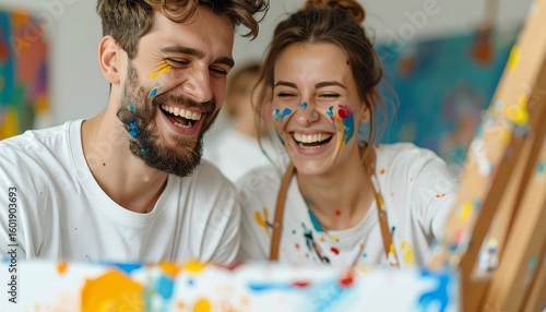 Joyful young couple with paint on their faces laughing together during a fun and creative painting date.