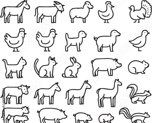 Farm animals collection simple line drawings horse