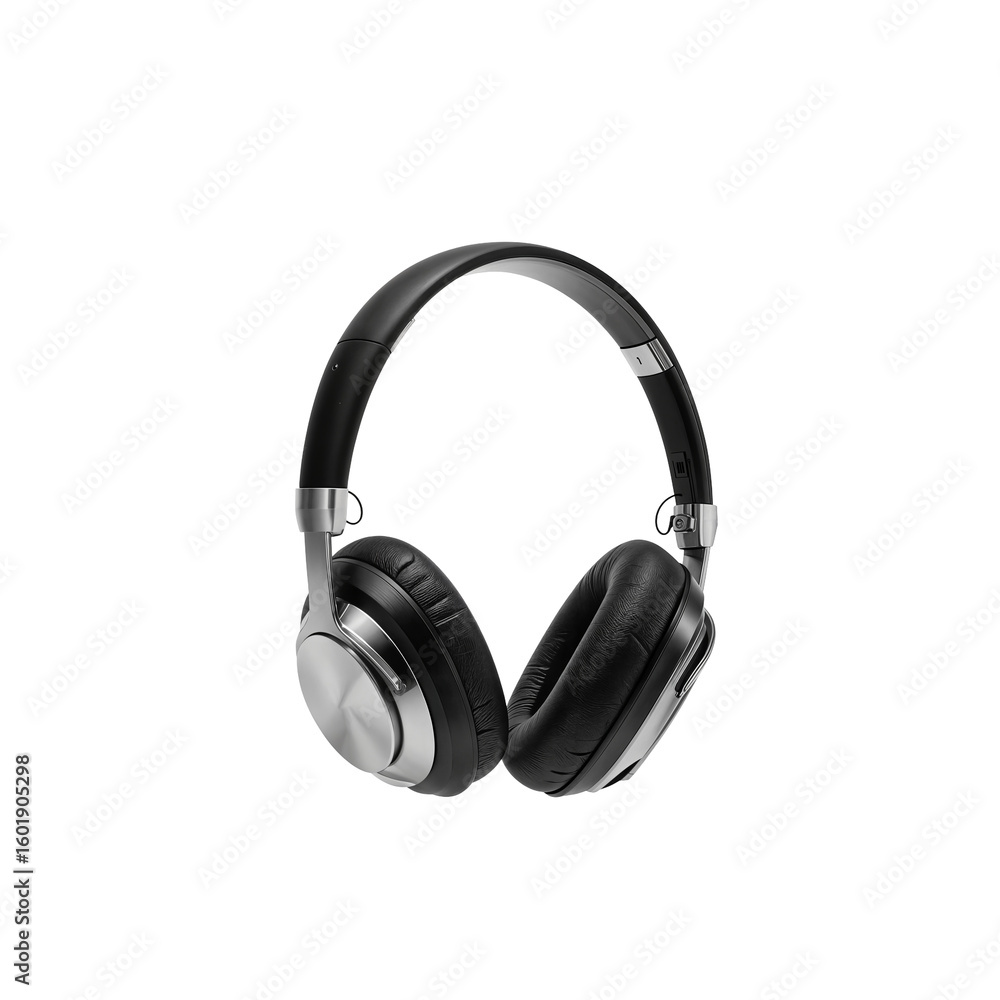 Modern Black Wired Headphones with Silver Details, Isolated transparent background Modern Black Wired Headphones with Silver Details, Isolated transparent background