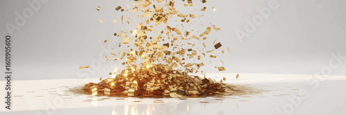 Elegant gold confetti shower falling on a white surface festive background