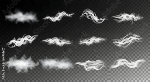 Collection of various white smoke and vapor elements floating against a transparent background.