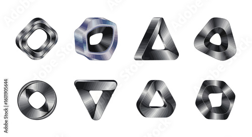 Eight abstract metallic geometric shapes, each with a hole, arranged on a white background.