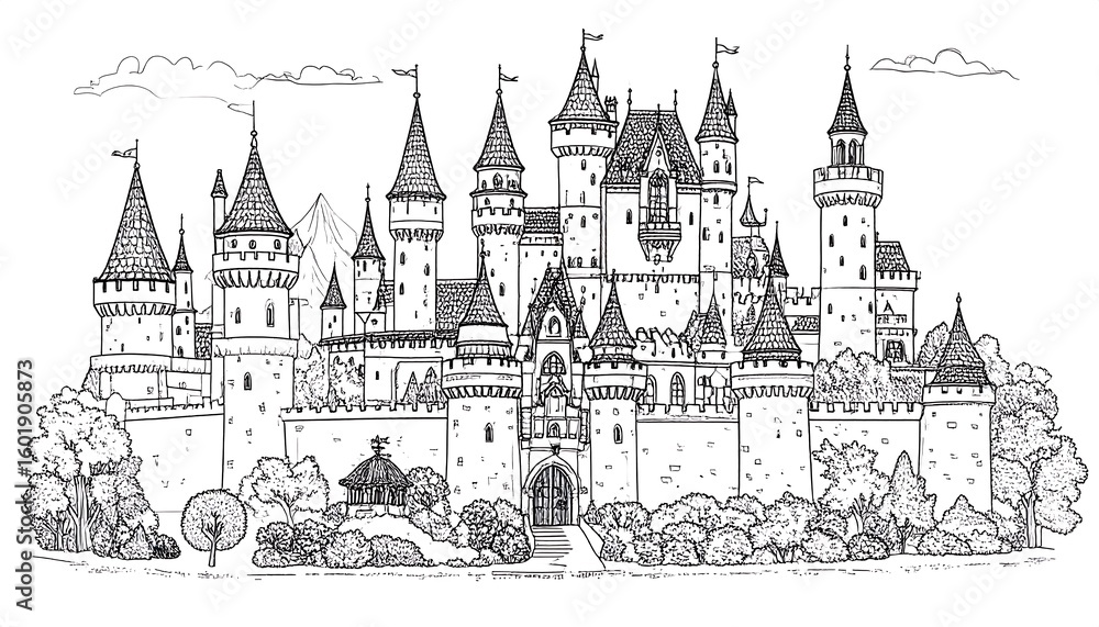 Obraz premium Black and white castle drawing (1)