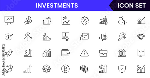 Investments vector line icons featuring stocks, graphs, portfolios, growth, returns, money, assets, finance apps, risk analysis, and savings.