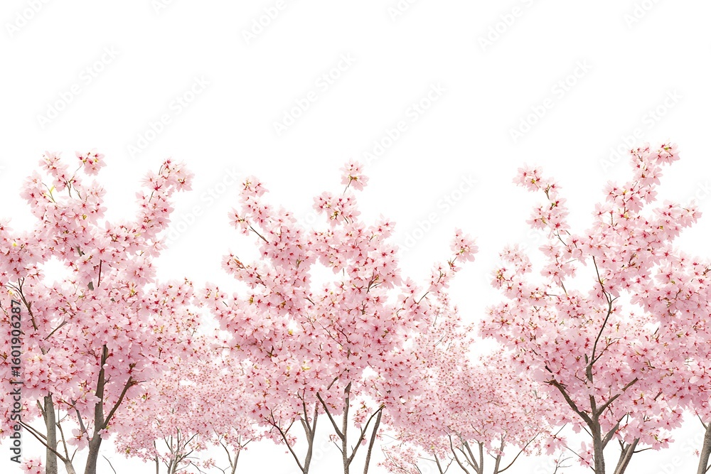 Fototapeta premium Cherry blossom trees in full bloom against white background, spring season floral display