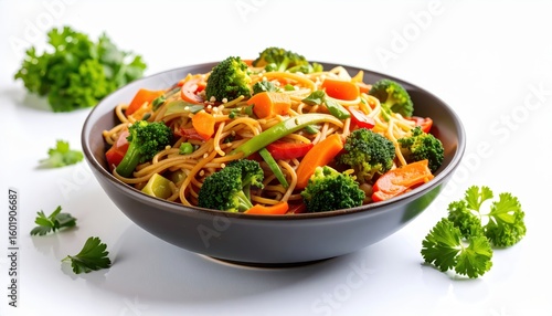 A vibrant bowl of stir-fried noodles with fresh vegetables, showcasing a healthy and colorful meal option.