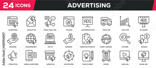 Set of collection line icons related advertising, marketing. Editable stroke. Perfect pixel on transparent background