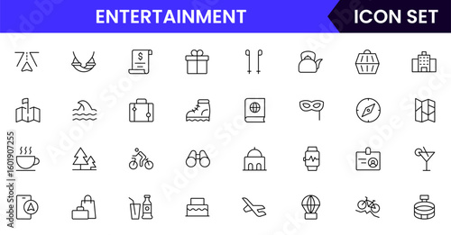 Entertainment vector line icons featuring music, games, books, movies, instruments, painting, photography, theater, and creative activities.