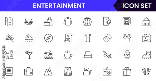 Entertainment vector line icons featuring music, games, books, movies, instruments, painting, photography, theater, and creative activities.