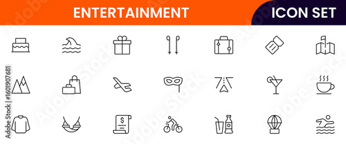 Entertainment vector line icons featuring music, games, books, movies, instruments, painting, photography, theater, and creative activities.