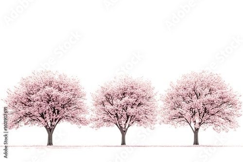 Three beautiful cherry blossom trees with pink flowers blooming in spring against white background