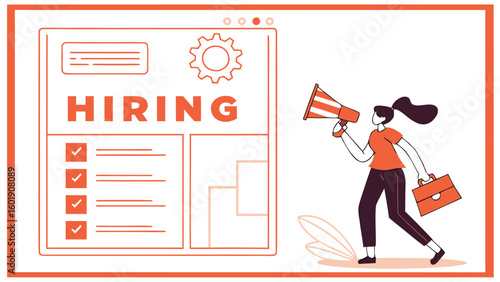 Woman with megaphone announces hiring opportunities next to a job listing with checklist and gear icon design