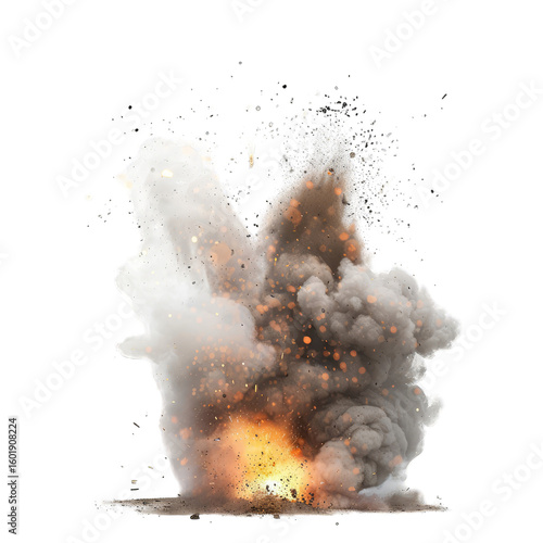 A dynamic depiction of an explosion, showcasing a billowing cloud of smoke and debris
