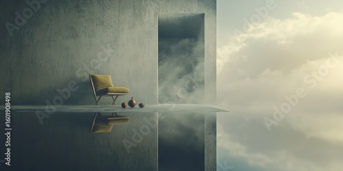 A surreal still life where everyday objects drift in an infinite, misty void