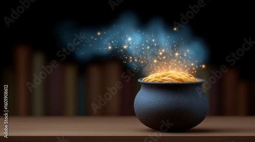 Wallpaper Mural A cauldron filled with golden spaghetti emits magical glowing particles and smoke Torontodigital.ca