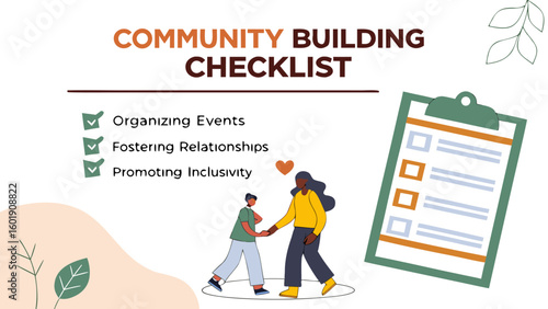 Illustration of community building checklist with people holding hands and a clipboard checklist present