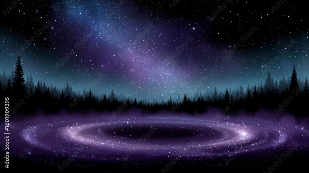 Fototapeta premium Misty forest silhouette beneath a starry sky with a purple galaxy swirling on the ground