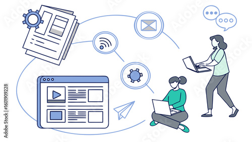 Illustration of people using laptops, documents, and icons representing communication and technology tools