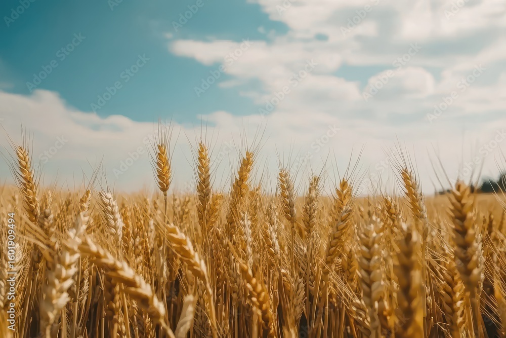 Fototapeta premium Golden wheat field stretches under a partly cloudy sky.