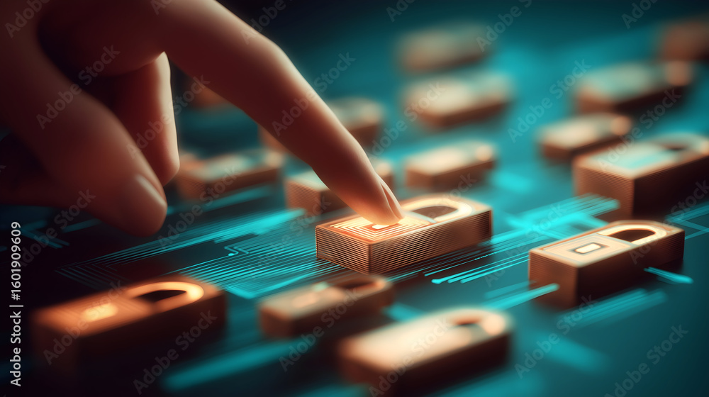Fototapeta premium A finger presses a glowing digital lock icon on a virtual interface, symbolizing cybersecurity and data protection.