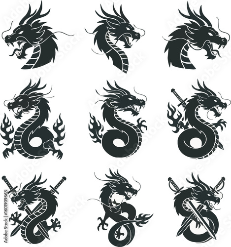 Nine stylized black dragon designs; variations in pose, flames, and swords.