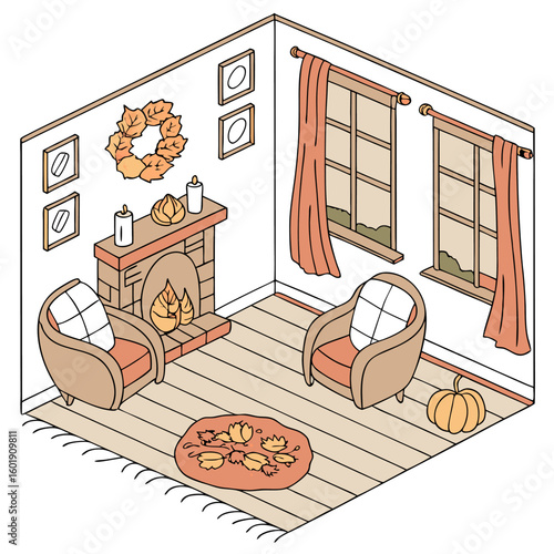 Isometric living room with fireplace, armchairs, windows, rug, pumpkin, and autumn decorations scene