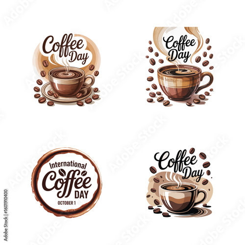 Steaming coffee cups and beans celebrating coffee day drink beverage