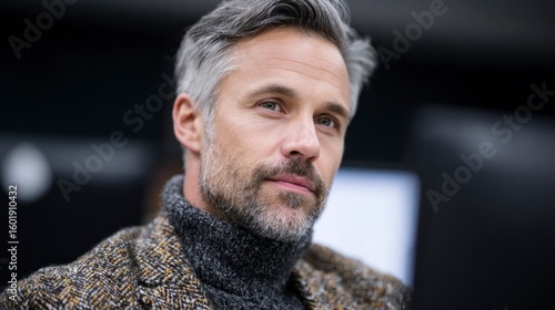 Wallpaper Mural Mature man with graying hair and beard wearing a tweed jacket and turtleneck Torontodigital.ca